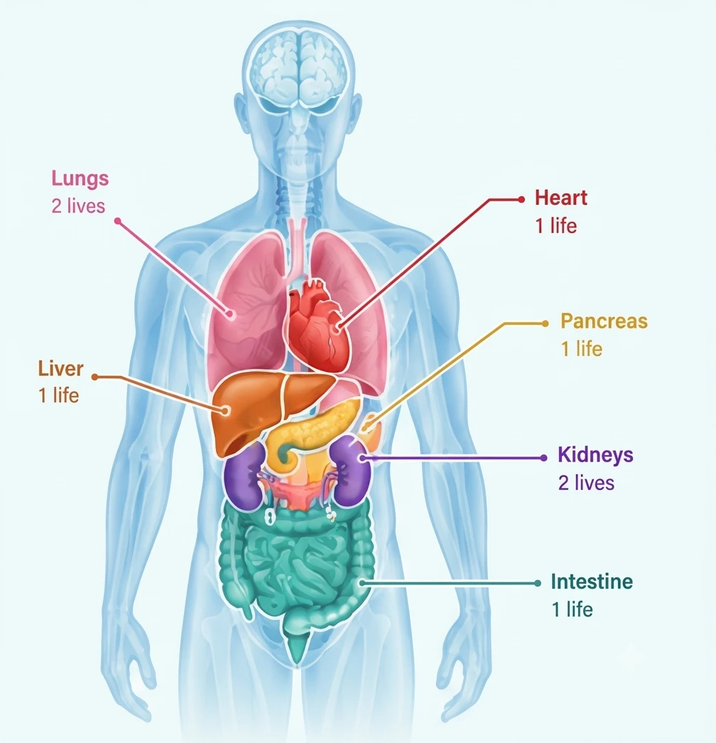 Human body showing the lungs (2 lives), heart (1 life), liver (1 life), pancreas (1 life), kidneys (2 lives) and intestine (1 life)